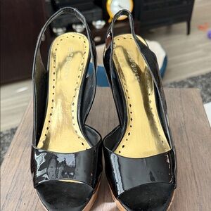 BCBGirls Glossy Black Peep-Toe Slingback Heels